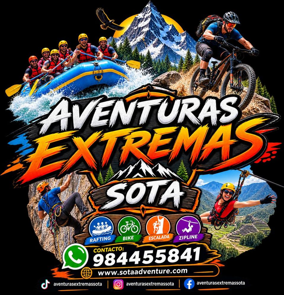 Aventuras Extremas Sota poster with rafting, biking, climbing and zipline