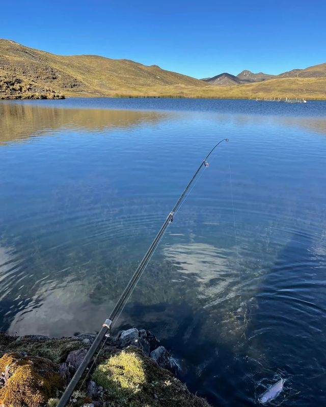 Fishing rod over the blue water of a high-altitude lake