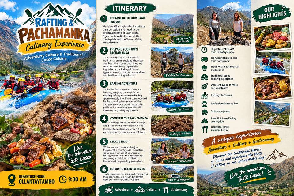 Rafting and Pachamanca package brochure with a six-step itinerary from Ollantaytambo