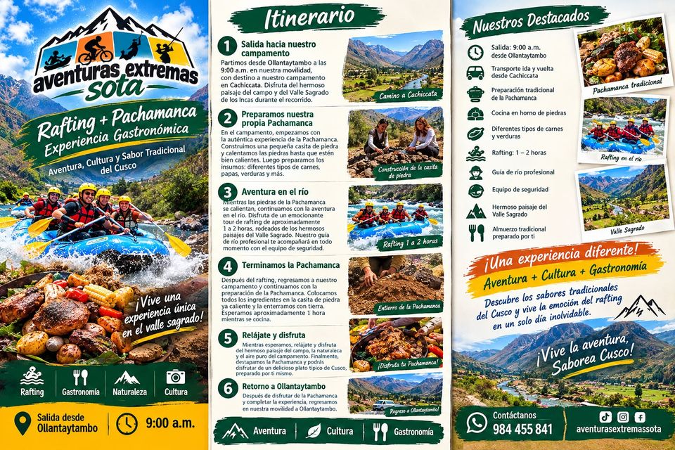 Folleto del paquete Rafting más Pachamanca con itinerario en seis pasos desde Ollantaytambo